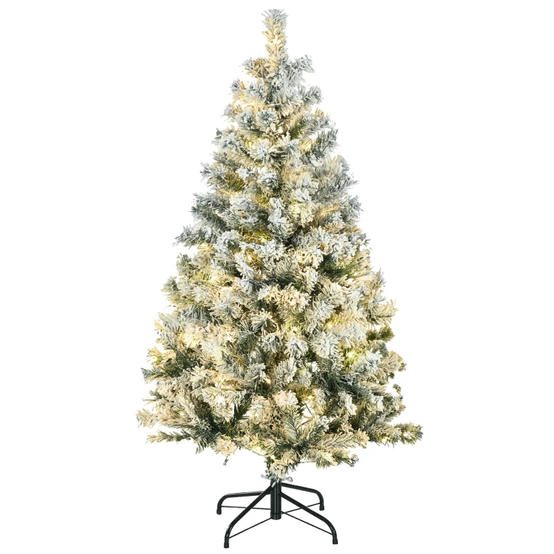HOMCOM 4.5' Artificial Snow Christmas Trees with Frosted Branches, Warm White or Colourful LED Lights, Steel Base