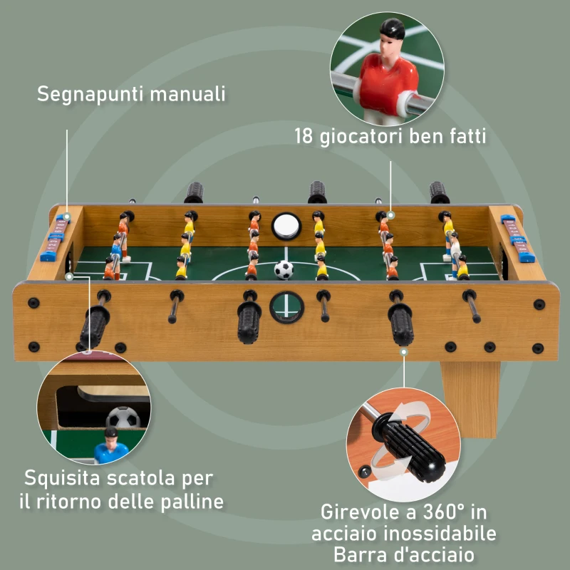 HOMCOM Calcio Balilla Pieghevole per Adulti e Bambini con 2 Palline e Segnapunti, in Legno, 69x36.5x22 cm, color Legno