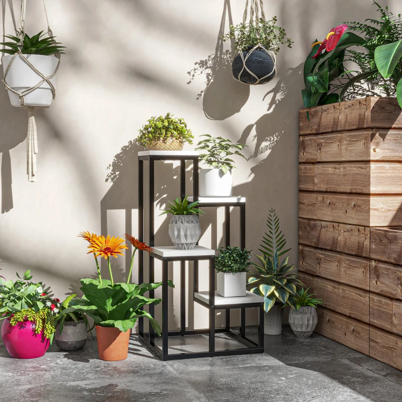 Outsunny Étagère à plantes étagère à fleurs en métal et bois 4 niveaux de différentes hauteurs style industriel 34 x 34 x 66 cm
