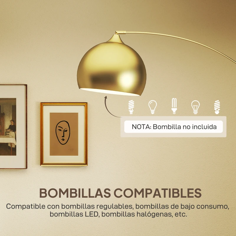 HOMCOM Lámpara de Pie Arco Moderna 40 W con Altura y Longitud Ajustable con Interruptor de Pie 110-115x35x170-180 cm Dorado