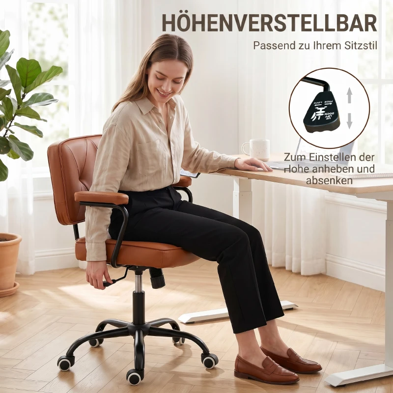 Vinsetto bureaustoel met wielen, draaistoel, bureaustoel, tuimelfunctie, bruin