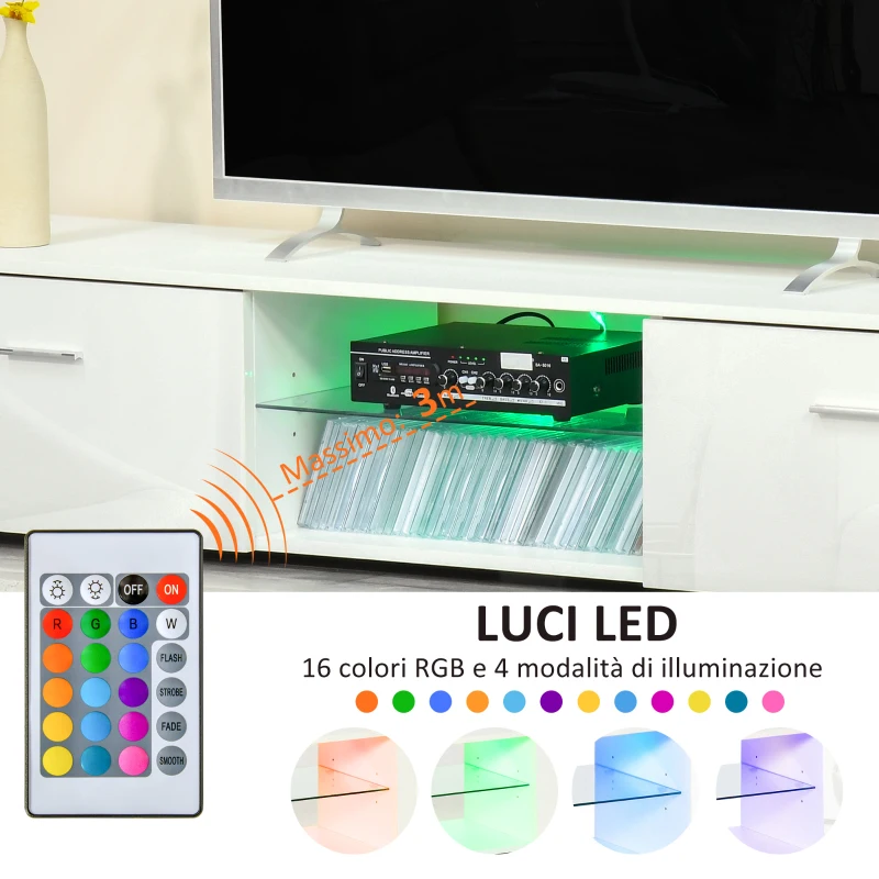 HOMCOM Mobile Porta TV con Luci LED 16 Colori per TV Fino 55", 160x35x30cm - Bianco