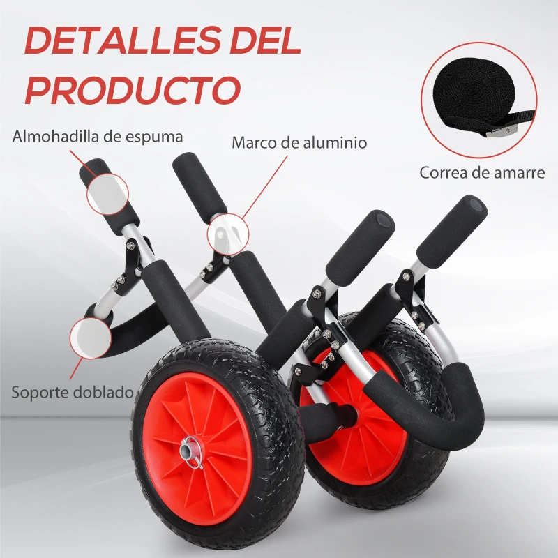 HOMCOM Carrito para Tablas de Surf Plegable con 2 Ruedas Carga 45 kg y Marco de Aluminio 64x55x38,5 cm Negro y Rojo