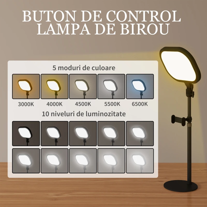 HOMCOM Lampă de Birou LED cu Suport pentru Telefon, 5 Culori și 10 Niveluri de Luminozitate, Negru