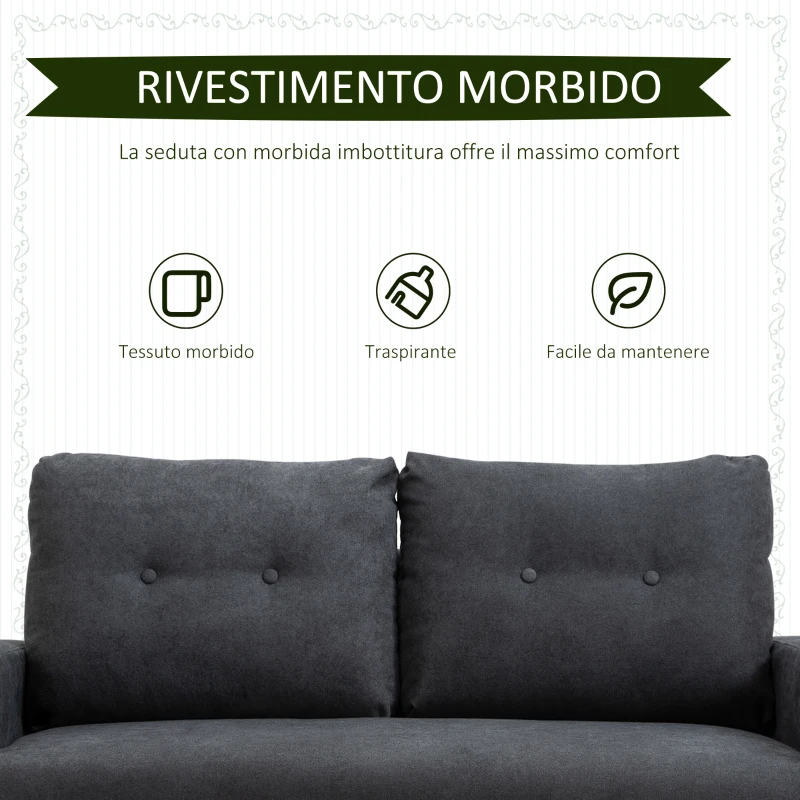 HOMCOM Divano 2 Posti Moderno in Stile Nordico con Schienale Trapuntato in Tessuto, 145x76x88 cm, Grigio