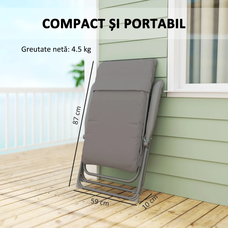 Outsunny Scaun de Camping Pliabil și Reglabil pe 5 Niveluri cu Buzunare Laterale, 66x58x105 cm, Gri Deschis