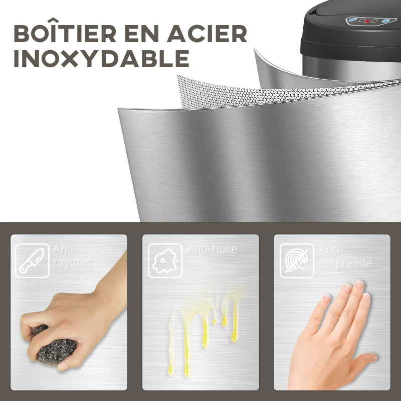 HOMCOM Poubelle cuisine automatique 42L acier inoxydable, poubelle à couvercle à fermeture en douceur, 30,5x30,5x68cm, argent