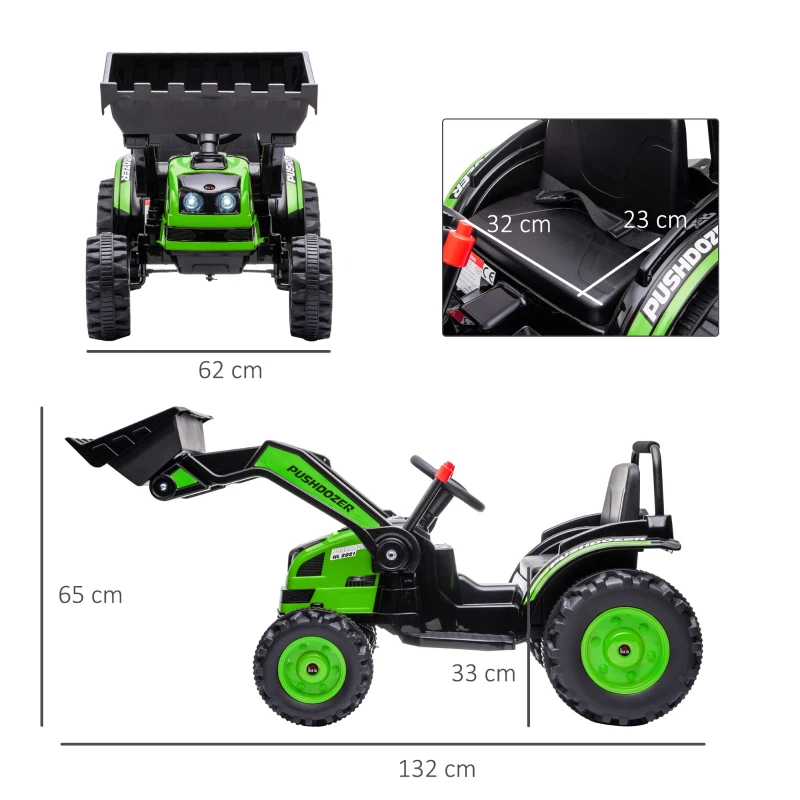 HOMCOM Ruspa Giocattolo per Bambini 3-5 Anni a Batteria 6V con Suoni e Luci, 132x62x65 cm, Verde