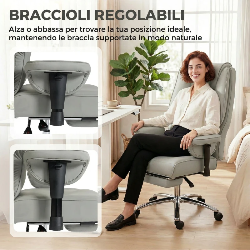 HOMCOM Sedia da Ufficio Ergonomica Reclinabile con Poggiapiedi, Schienale Alto, Altezza Regolabile, Grigio Chiaro