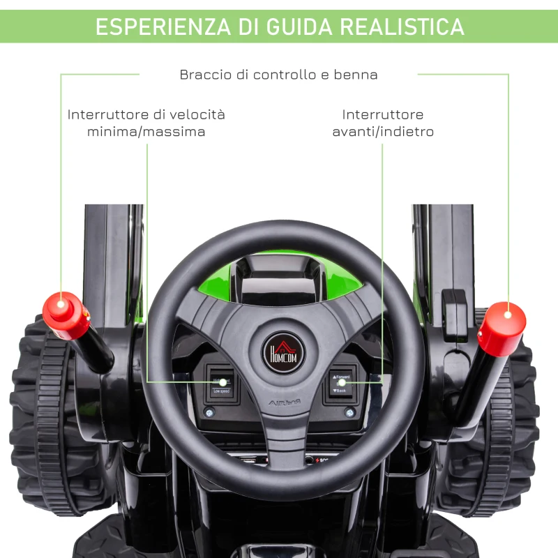 HOMCOM Ruspa Giocattolo per Bambini 3-5 Anni a Batteria 6V con Suoni e Luci, 132x62x65 cm, Verde