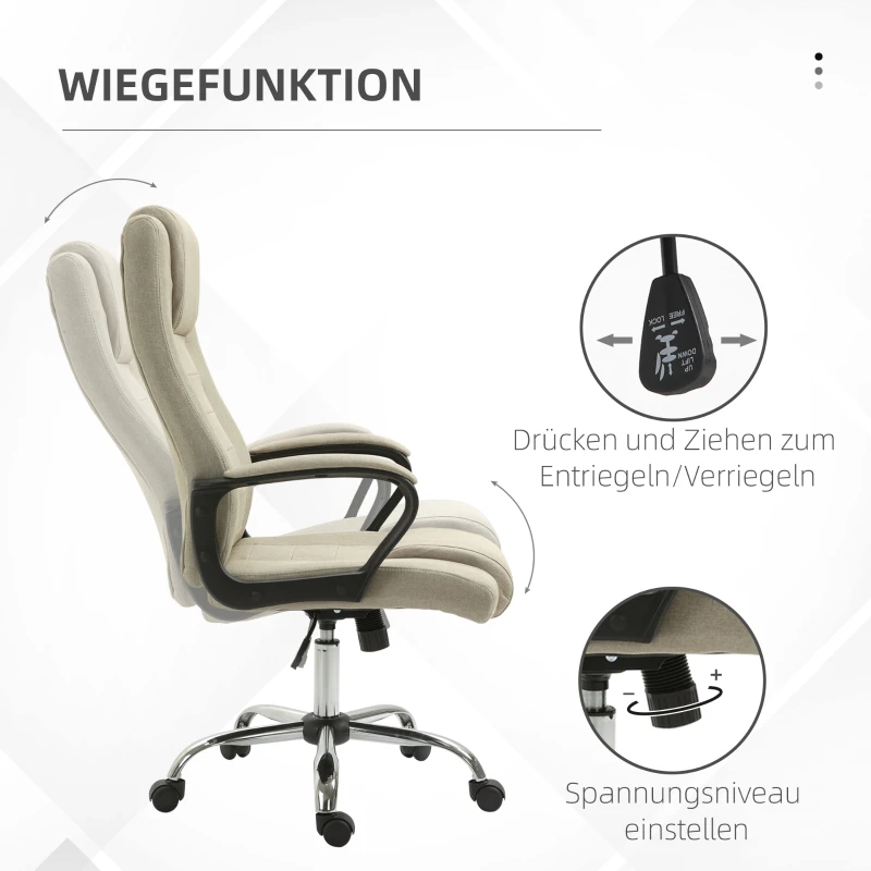 Vinsetto Bureaustoel in Linnenlook, Verstelbaar, Schommelfunctie, 5 Wielen, Beige