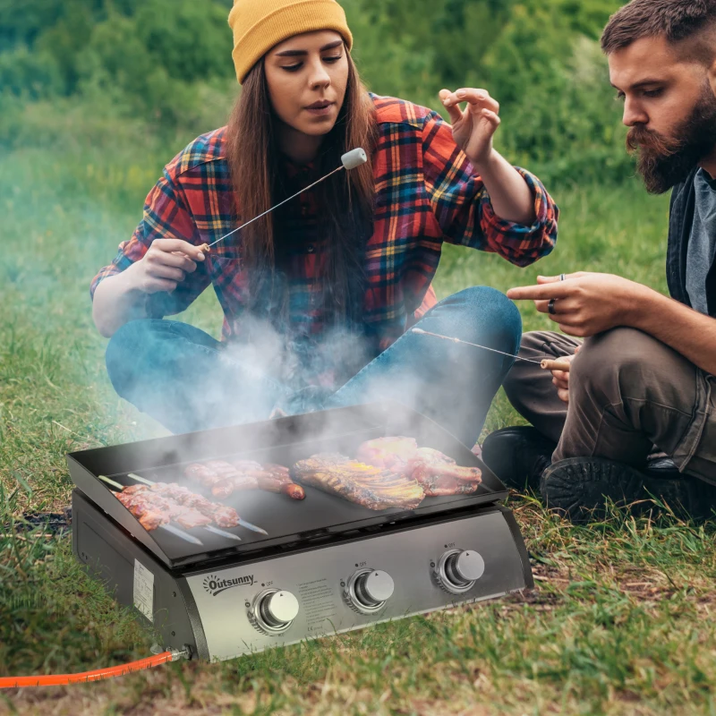 Outsunny Piastra Barbecue a Gas Antiaderente da Tavolo con 3 Bruciatori da 3kW, 62x46x21cm, Nero
