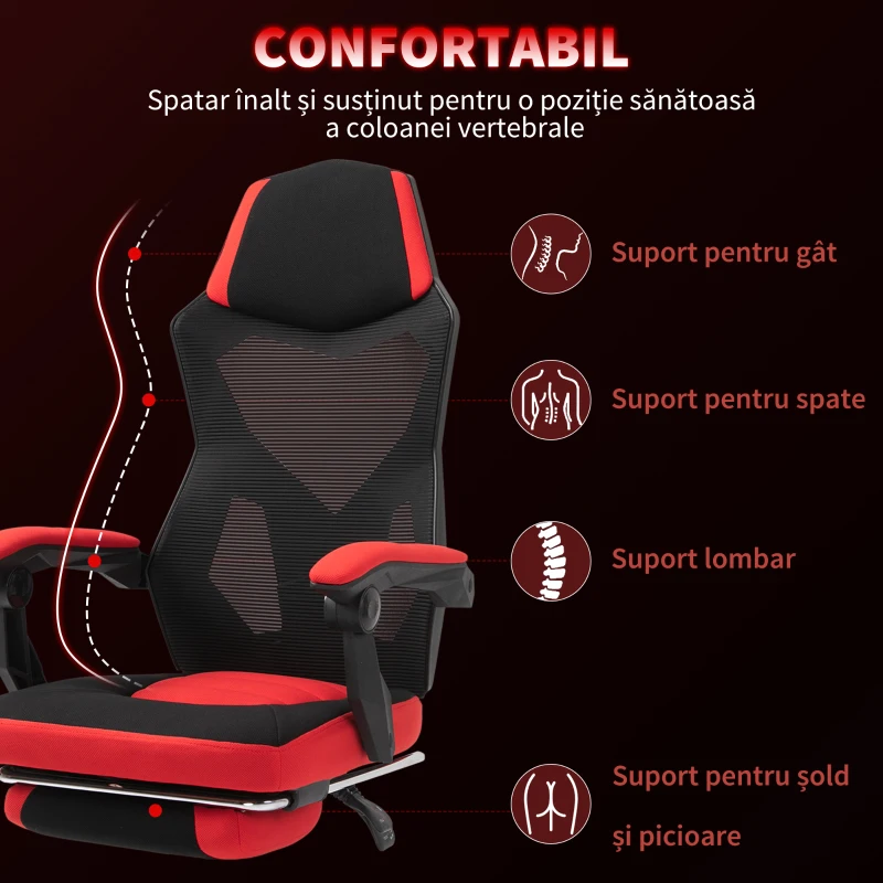 Scaun de Birou Ergonomic și Reclinabil Vinsetto cu Suport pentru Picioare, din Material Textil Respirabil, 58x63x112-122 cm, Negru și Roșu