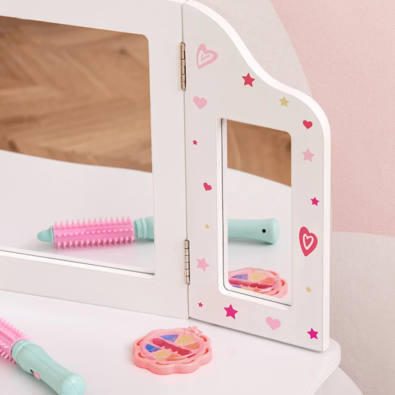 HOMCOM Toeletta per Bambini con Sgabello, Tavolo Trucco con Triplo Specchio e Cassetto, 63x40x85.5cm, Bianco