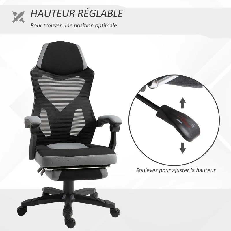 Vinsetto Chaise de bureau fauteuil gaming hauteur réglable dossier roulettes pivotantes repose-pied tissu en maille 58L x 63l x 112-122H cm gris noir