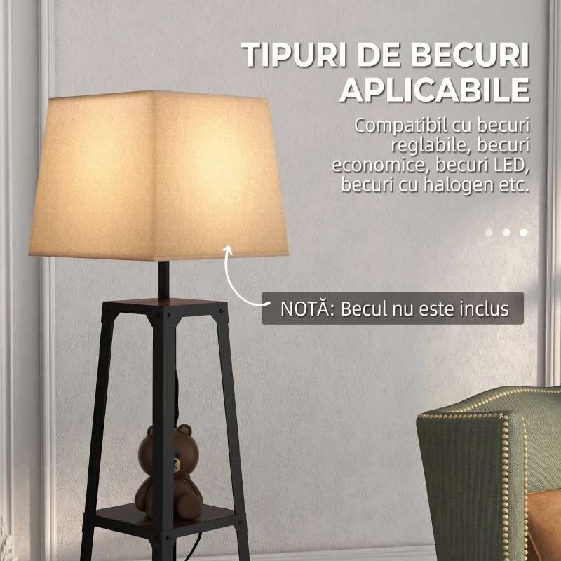 HOMCOM Lampă de Podea din Metal și MDF cu 3 Rafturi și Abajur din Material Textil, Ø42x166 cm, Negru și Bej