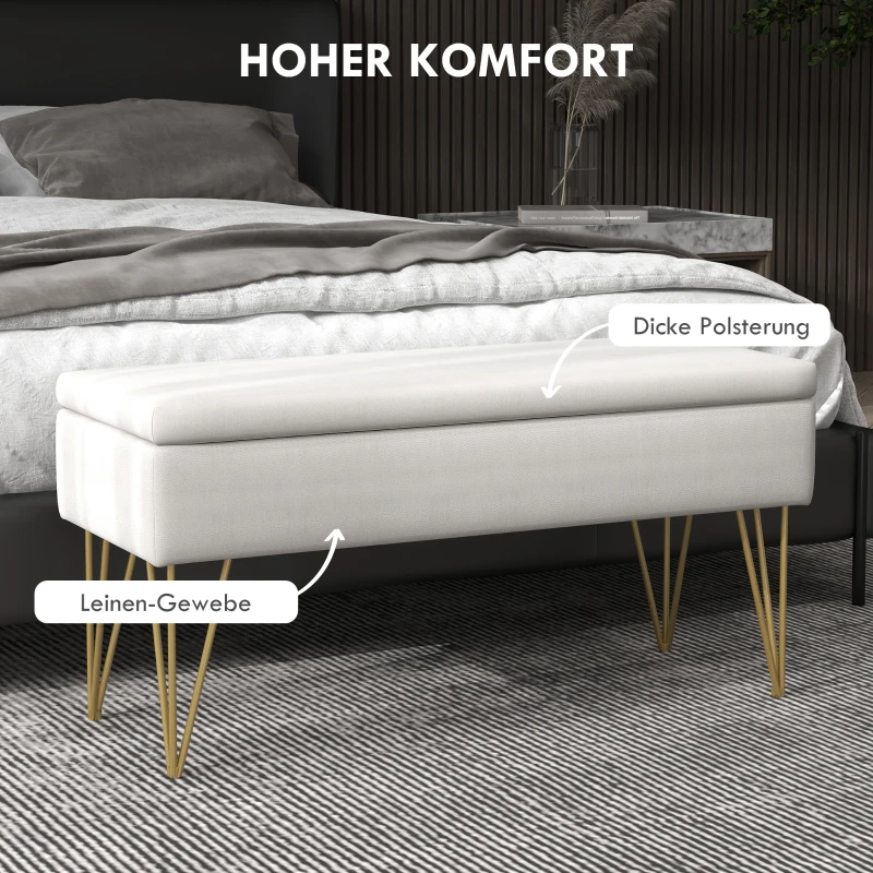 HOMCOM Bank met opbergruimte, dikke vulling, ademende stof, stalen poten, 100x40x49 cm, crème