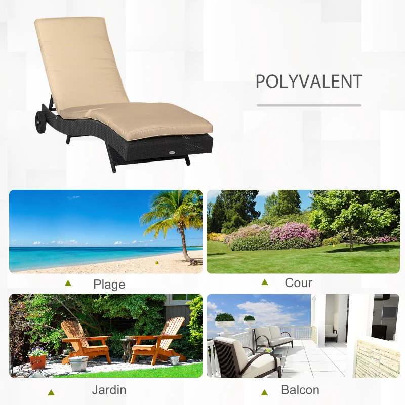 Outsunny Bain de soleil transat grand confort - dossier inclinable 5 positions roulettes - matelas déhoussable inclus - résine tressée noire et beige