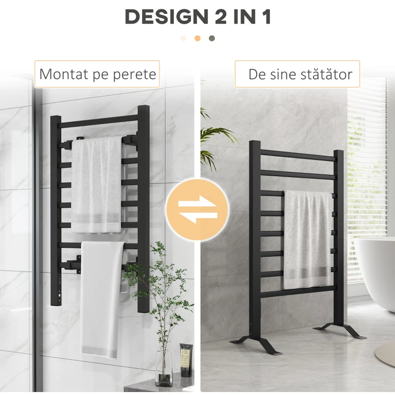 HOMCOM Suport prosop electric de podea sau montare pe perete, 150W, cu 8 bare și timer de 2 sau 4 ore, 53x35x90 cm, negru