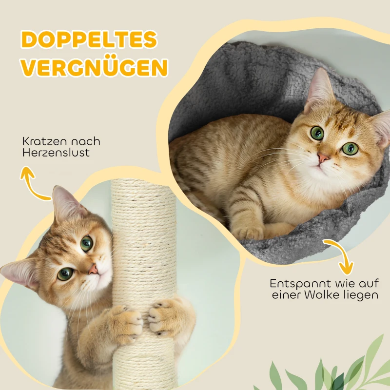 PawHut Krabpaal, hol, hangmat, verstelbare hoogte, krabpaal met stofbekleding, Grijs