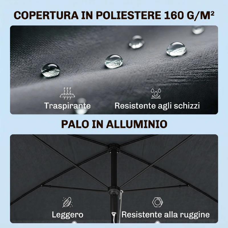 Outsunny Ombrellone da Giardino Rettangolare 2x1.3 m con Inclinazione Regolabile e Palo in Alluminio, Grigio e Nero