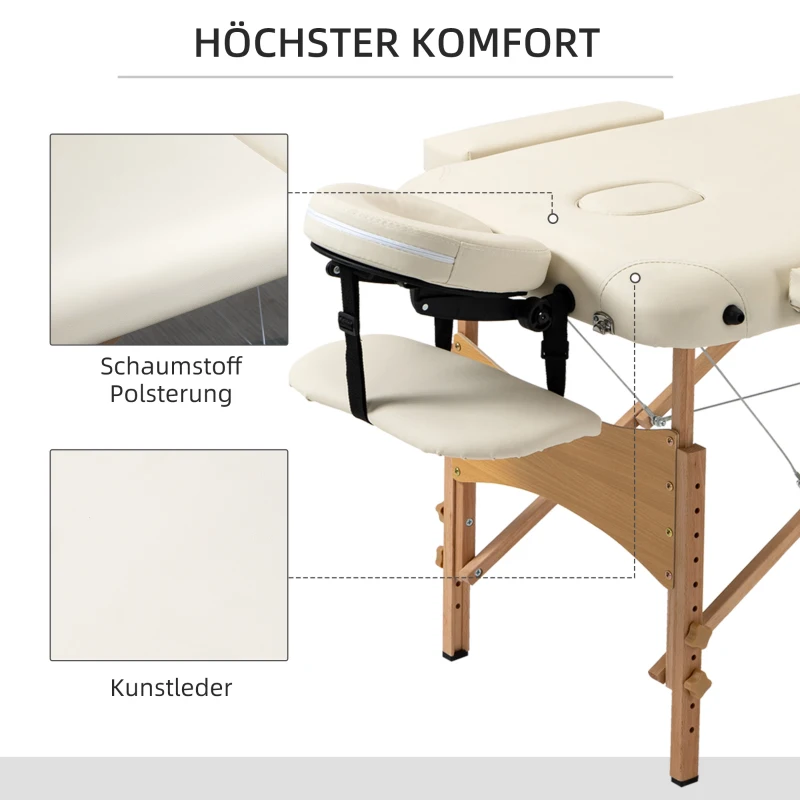 HOMCOM Massagetafel, opvouwbare massagetafel, in hoogte verstelbare massagebank voor spa, salon, kunstleer, hout, crèmewit(m-6)