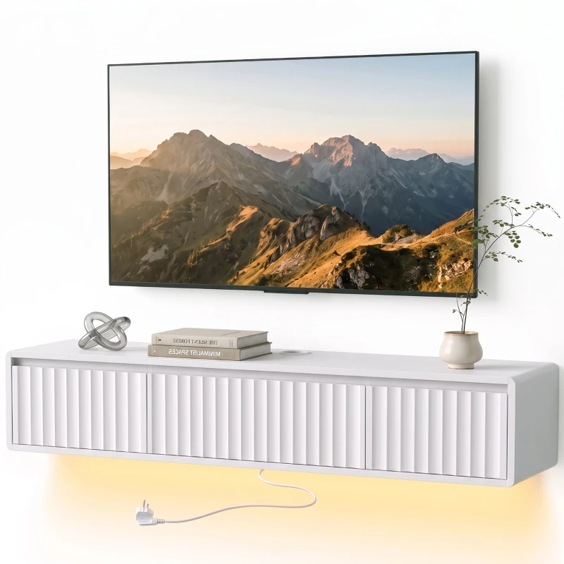 HOMCOM Corp TV Suspendat Flotant 120 cm cu Iluminare LED și Prize, Mobilier TV pentru Televizor 165,1 cm, Alb
