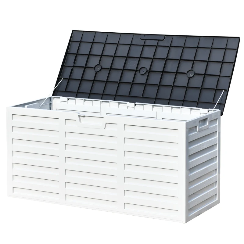 Outsunny Coffre de Jardin Malle de Rangement dim. 112L x 49l x 53H cm 2 roulettes polypropylène texturé Imitation Lattes de Bois Blanc Gris