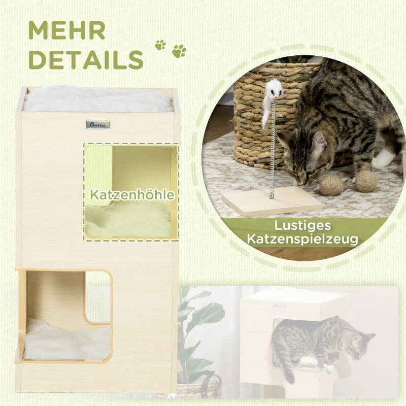 PawHut kattengrot, kattenhuis, 3-laags kattenkast met kussen, eikenhout