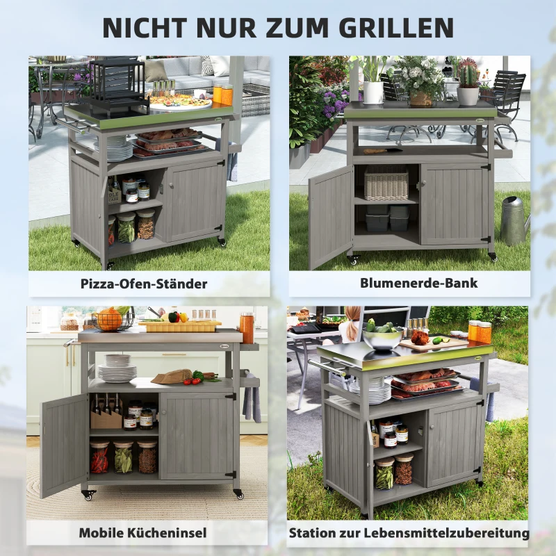 Outsunny Buitenkeukeneiland, Grillwagen met Kast en Rekken, Houten en Roestvrij Stalen Keukenwagen met Wielen, Grijs