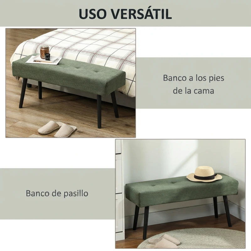 HOMCOM Banco Pie de Cama Tapizado en Pana con Asiento Acolchado Diseño Capitoné y Patas de Acero para Dormitorio Verde