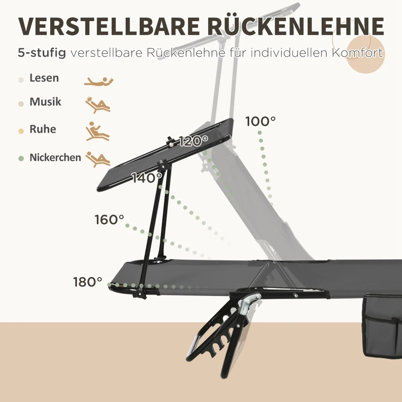 Outsunny Set van 2 inklapbare ligstoelen met zonnescherm, 5-standen verstelbare rugleuning, donkergrijs