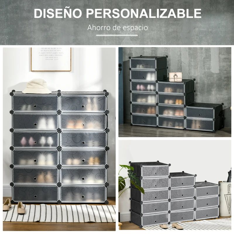 HOMCOM Armario Modular para Zapatos de Plástico con 12 Cubos Puertas y Conectores Diseño DIY para Entrada o Dormitorio Negro