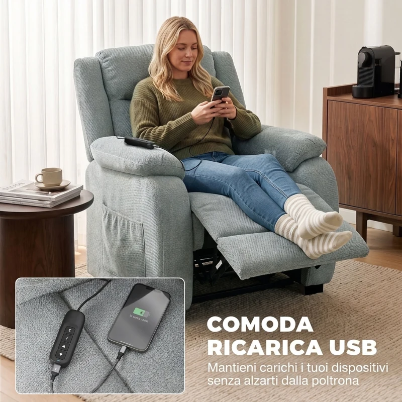 HOMCOM Poltrona Reclinabile Elettrica con Telecomando e Presa USB, Tessuto Effetto Lino, Verde