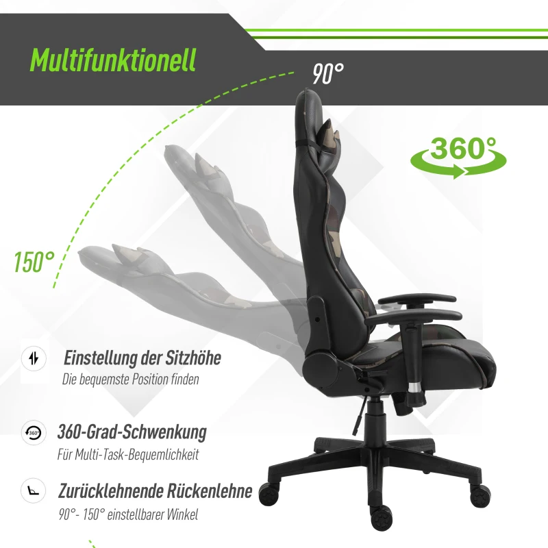 Vinsetto massage bureaustoel, gaming stoel, ergonomisch, kunstleer, schuim, nylon, zwart, camouflage, 64 x 69 x 120-127 cm