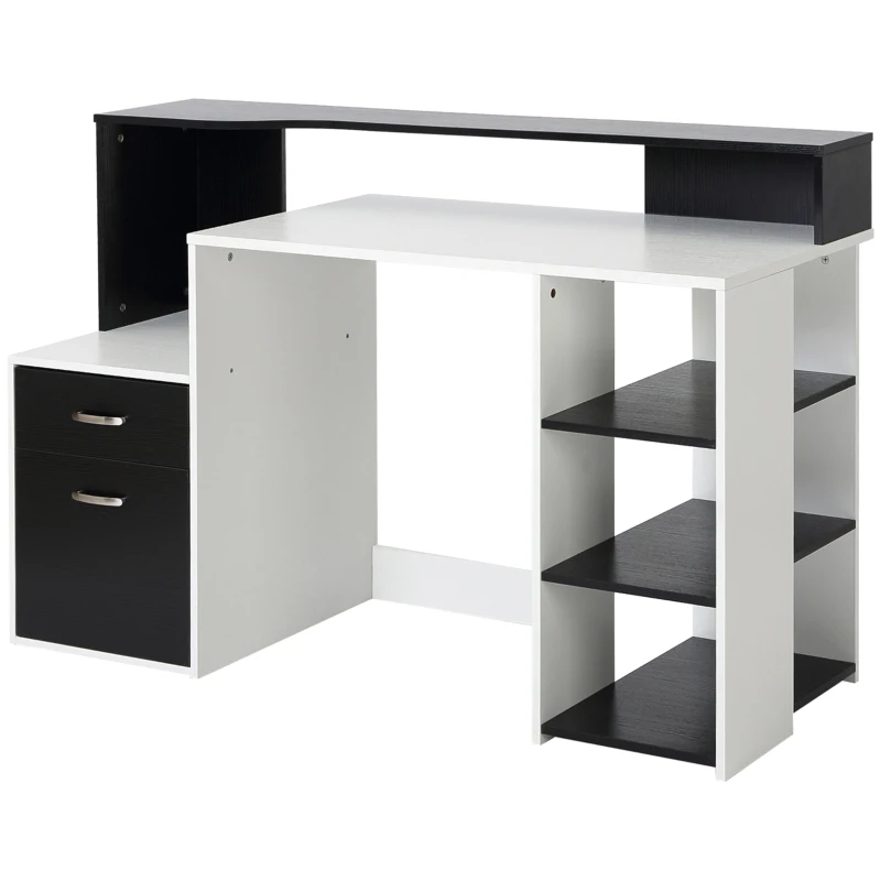 HOMCOM Bureau informatique Bureau avec rangement multimédia design multi-rangements 137 L x 55 l x 92 H cm noir et blanc