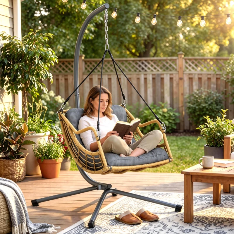 Outsunny Fauteuil suspendu en résine tressée avec support, chaise suspendue, coussin, attache de sécurité, hauteur réglable, gris