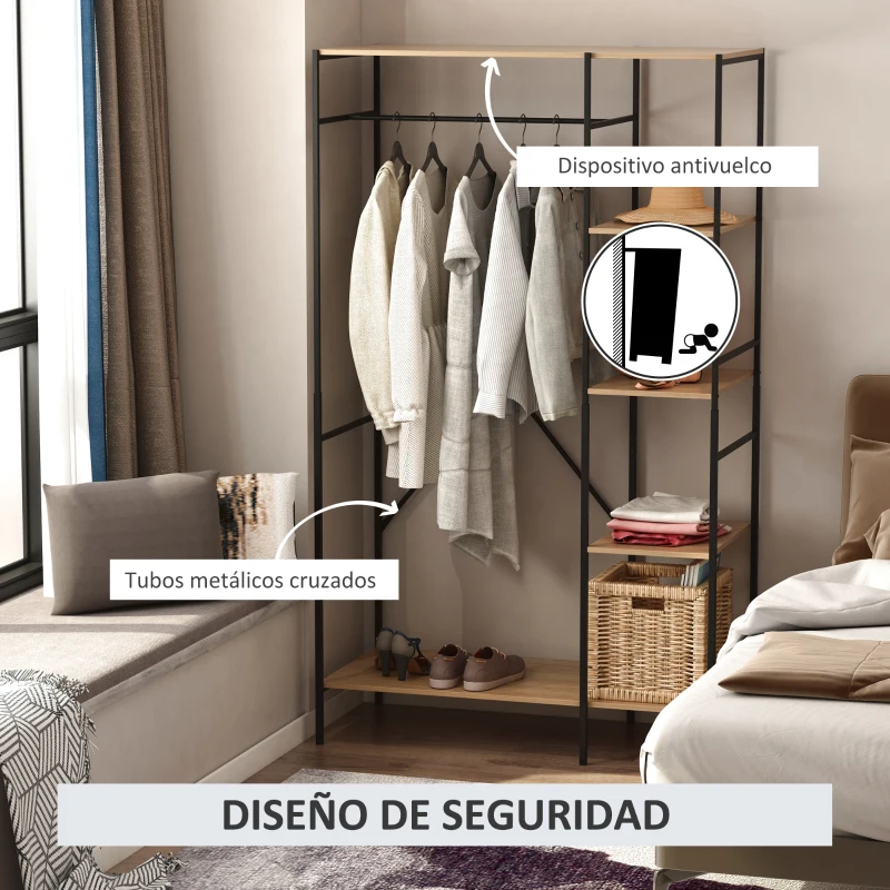 HOMCOM Perchero de Ropa Perchero de Madera con 4 Estantes de Almacenaje y Barra para Colgar Carga 30 kg para Dormitorio Salón Entrada 100x46x170,5 cm Natural