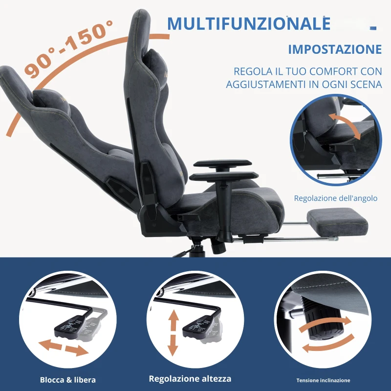 Sedia gaming con poggiapiedi, in similvelluto traspirante, regolabile in altezza con molla a gas, girevole, 70x70x135 cm, Grigio