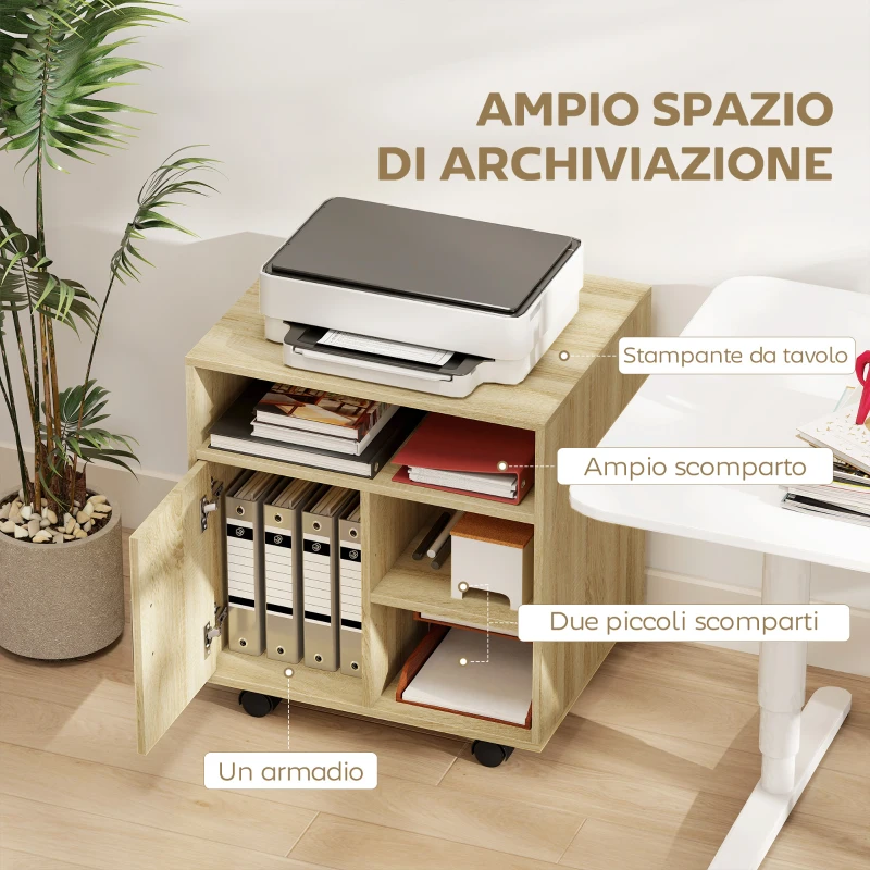 HOMCOM Mobiletto Porta Stampante con Ripiani Aperti e Armadietto in Legno, 60x50x65.5cm, Color Legno