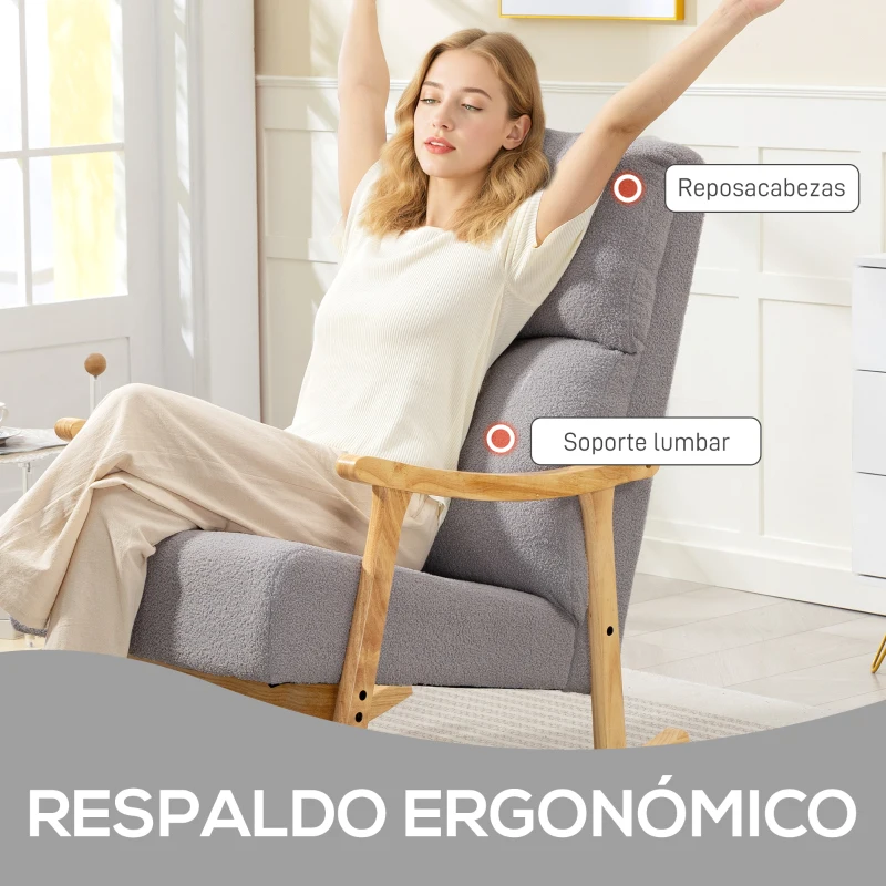 HOMCOM Silla Mecedora de Borreguito con Patas y Reposabrazos de Madera de Caucho Mecedora Carga 120 kg Gris Claro