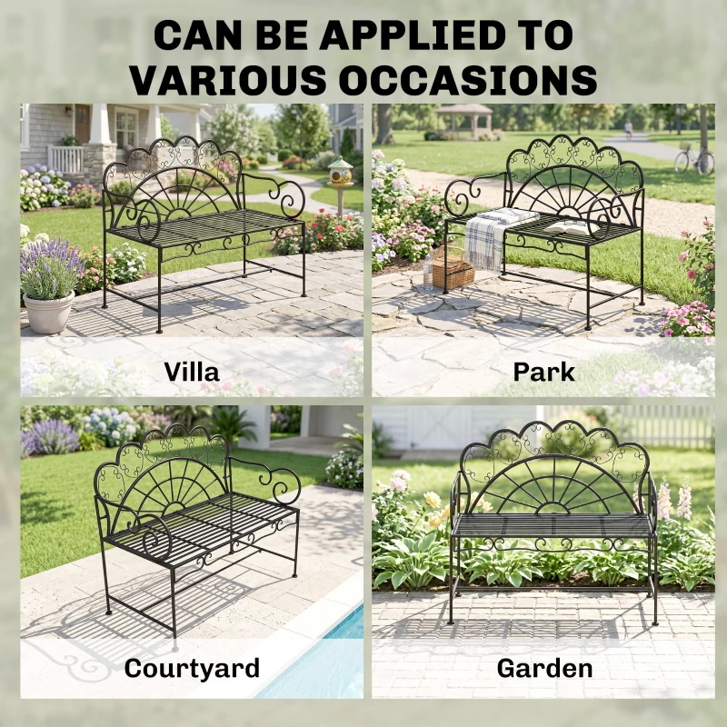 Outsunny Metal Garden Bench Loveseat with Slatted Seat, Black