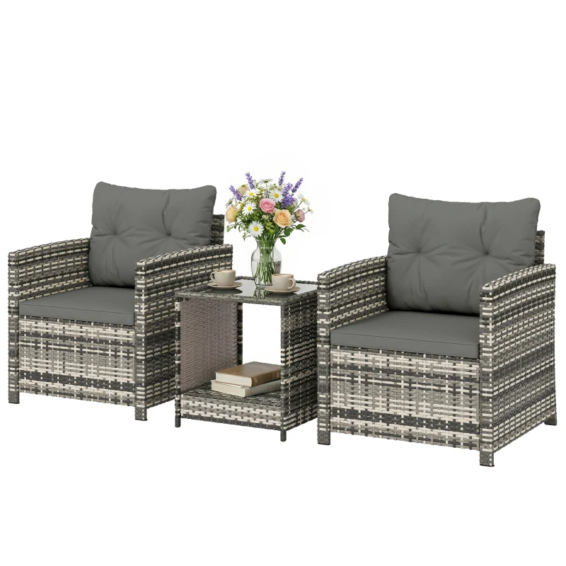 Outsunny Salon de Jardin Extérieur 3 Pièces en Résine Tressée Table et 2 Fauteuils avec Coussins, 62x65x75cm, Gris Clair