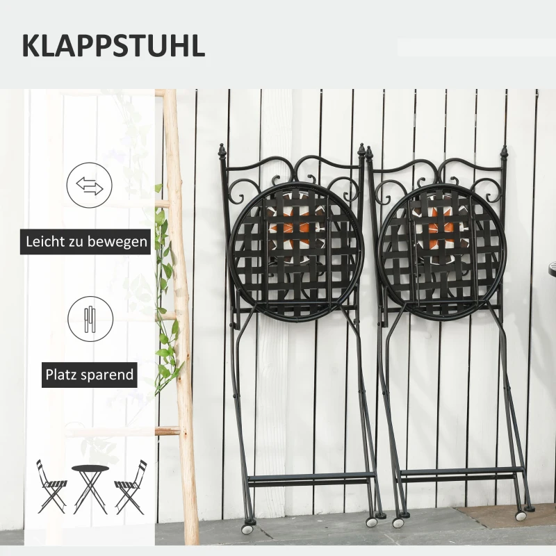 Zitgroep voor in de tuin 3-delige mozaïektafel + 2 opklapbare metalen stoelen