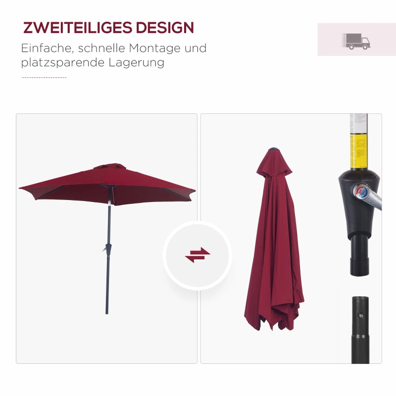 Outsunny Zonnescherm tuinscherm knikparasol strandparasol met handkruk aluminium wijnrood