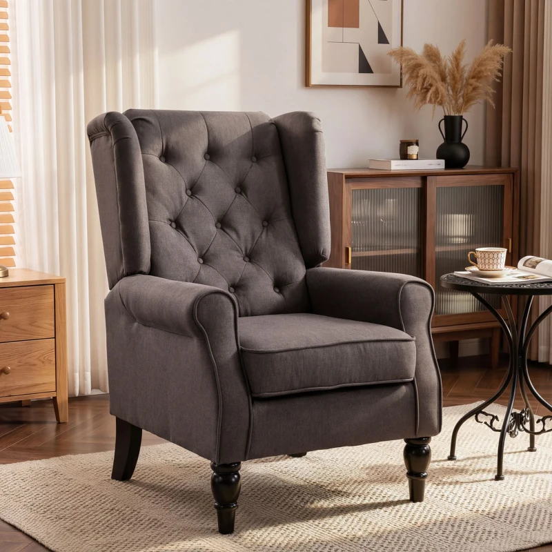 HOMCOM Wingback Accent Chair, Retro Upholstered Button Tufted Occasional Chair for Living Room and Bedroom, Brown