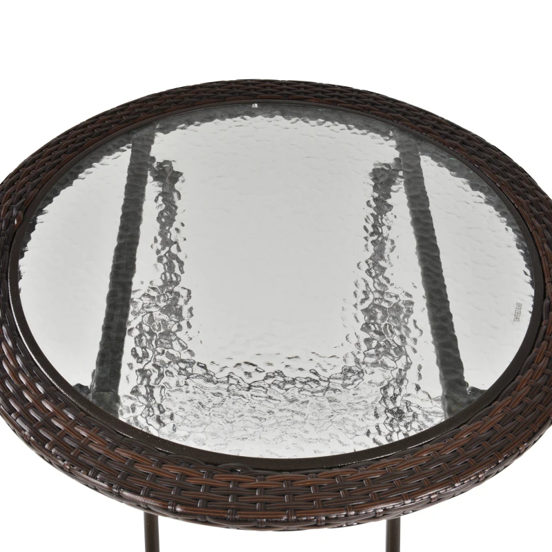 Outsunny Table ronde bistro de jardin pliable dim. Ø 68 x 73H cm métal époxy résine tressée chocolat plateau verre trempé