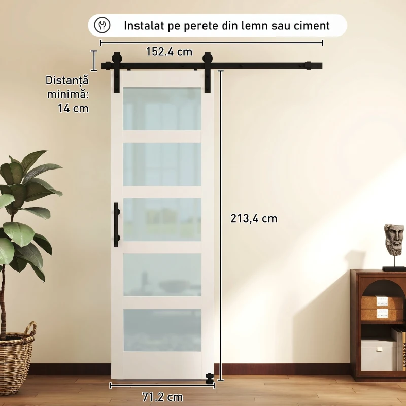 HOMCOM Ușă Culisantă Interior Rustică cu Șină Silențioasă, Kit Feronerie și Mâner, Alb