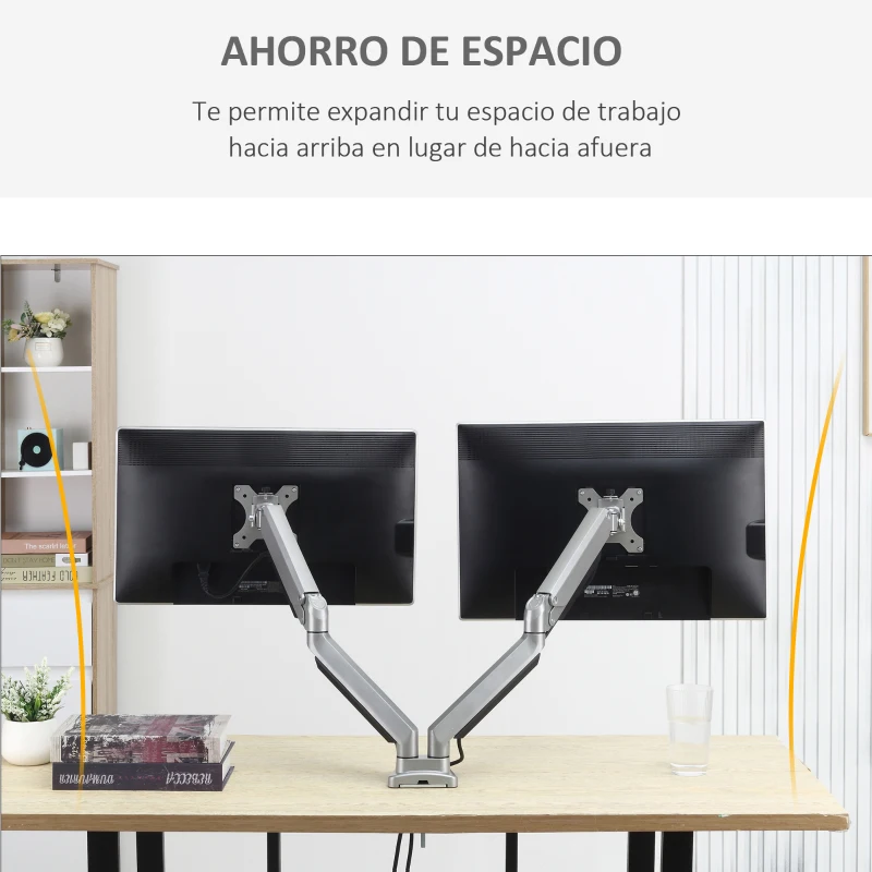 Vinsetto Soporte Monitor Doble para Pantallas LED LCD de 13-32 Pulgadas VESA 75/100 mm con Brazo Ajustable y Giratorio 360° de Aluminio 2 Opciones de Montaje 93x11x47 cm Plata