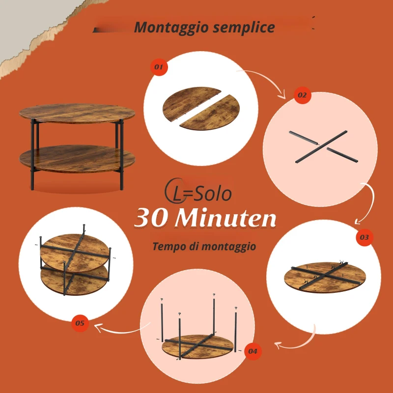 Tavolino rotondo a due livelli, ampio spazio contenitivo, gambe regolabili, 83x83x44,5 cm, Marrone